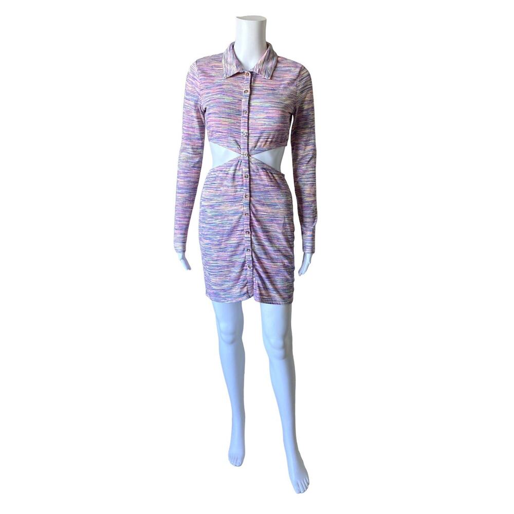 Just Polly Shirt Dress Womens Medium Multicolor Cutout Ruched Button Up Collared